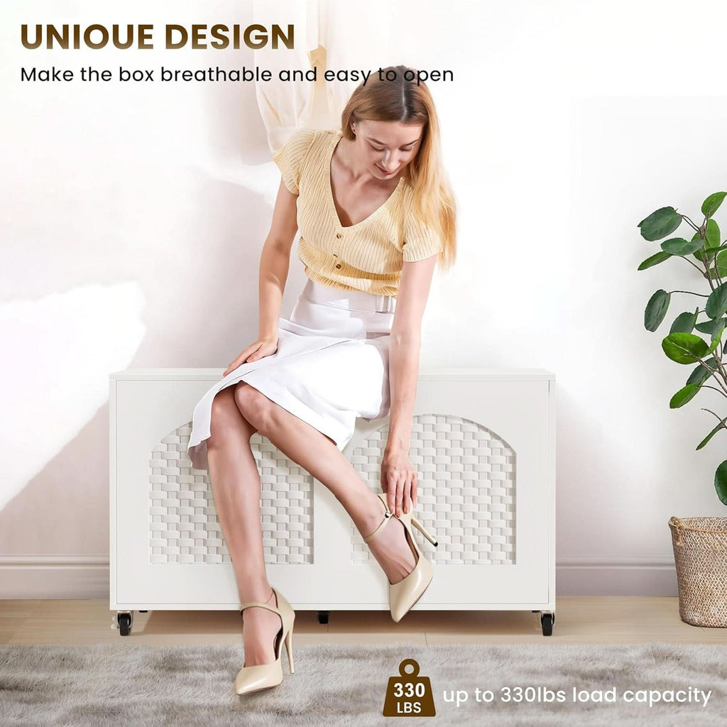 White Wooden Storage Bench On Wheels