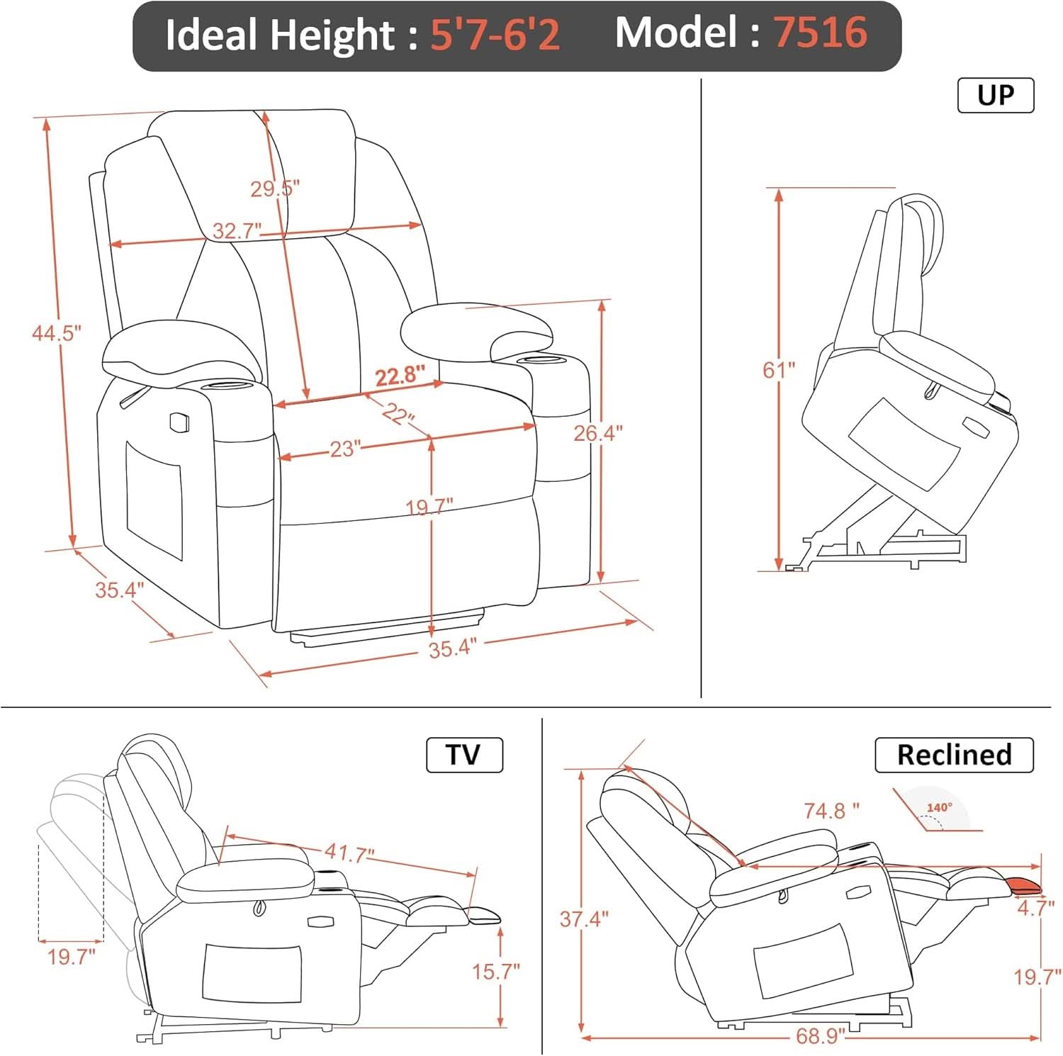 Large Power Lift Recliner With Massage And USB Sangria
