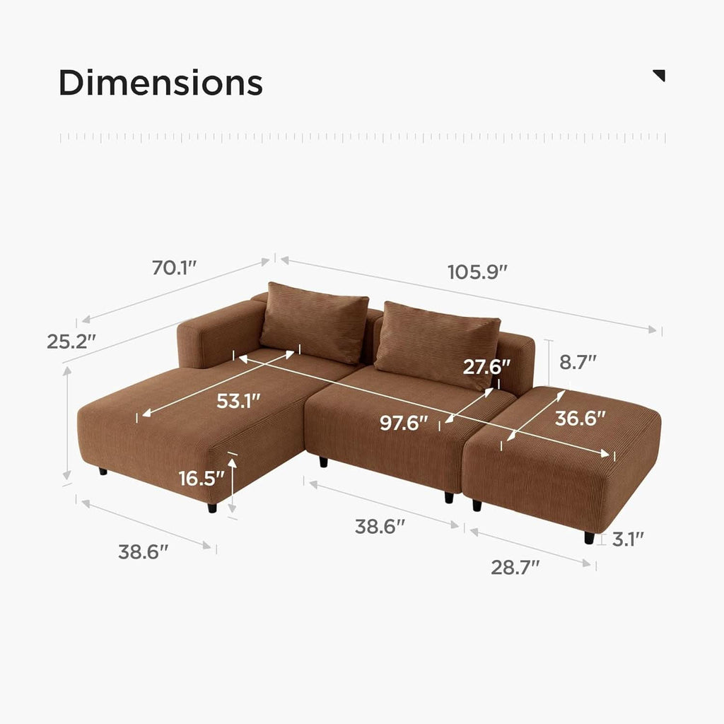 Corduroy Sectional Sofa Orange Brown L Shaped Chaise