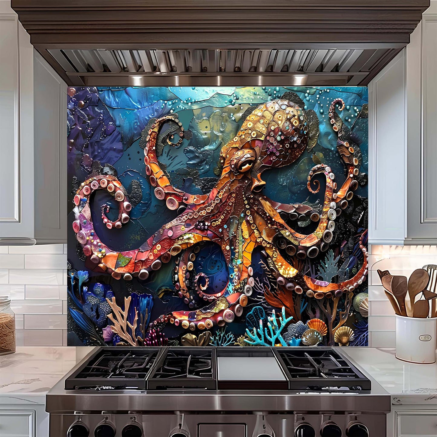 Custom Kitchen Backsplash – Majestic Octopus Tempered Glass Stove Backsplash