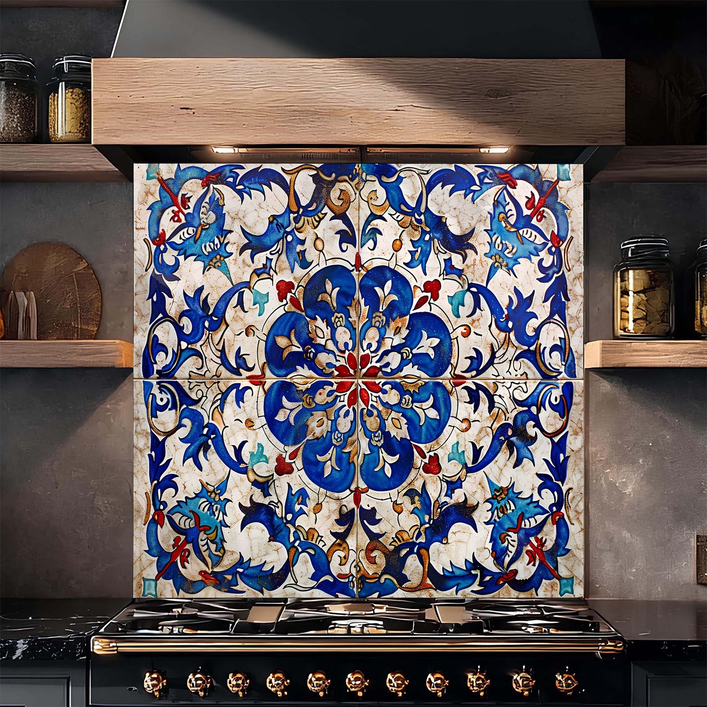 Custom Kitchen Backsplash – Ottoman Blue Tile Tempered Glass Stove Backsplash