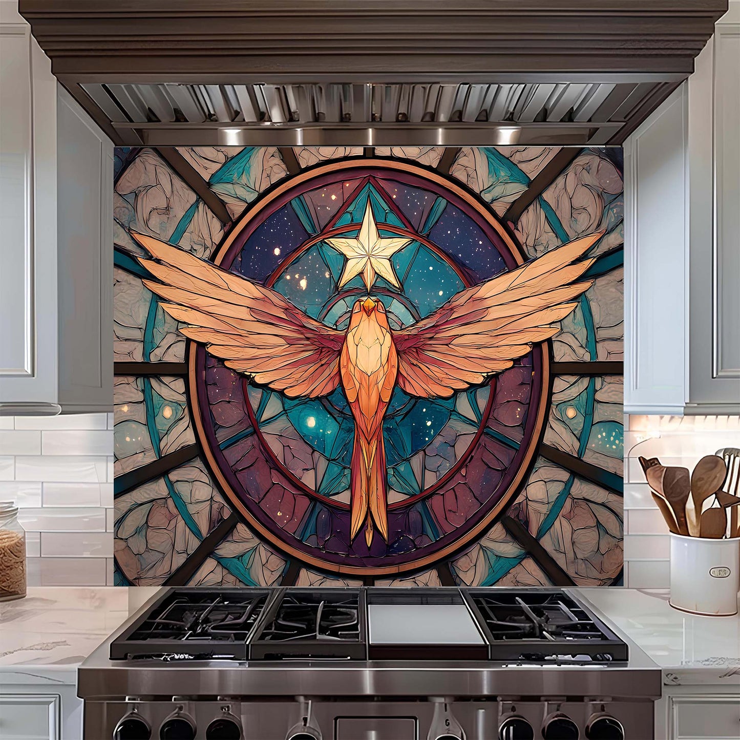 Custom Kitchen Backsplash – Celestial Ascent Tempered Glass Backsplash for Stove