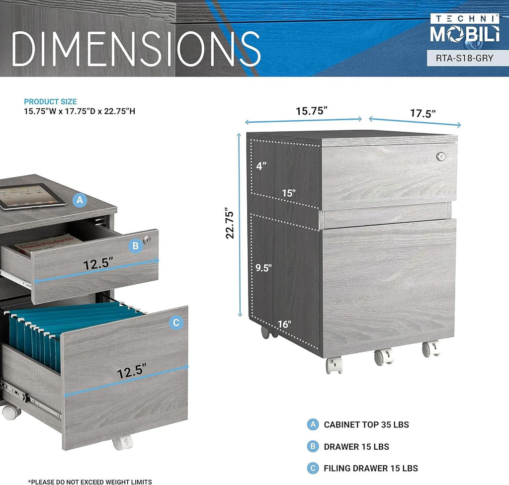 Grey Rolling Locking Two Drawer Vertical Filing Cabinet