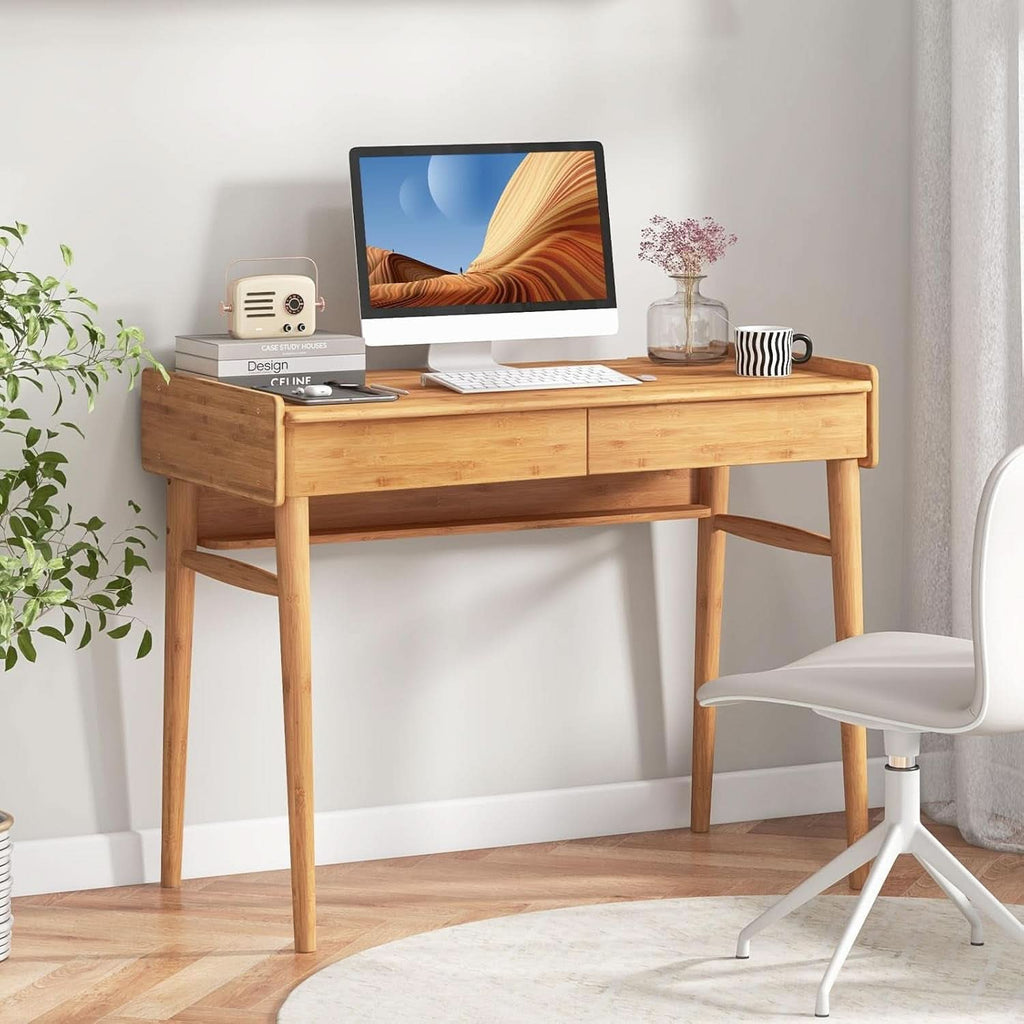 Bamboo Computer Desk with Drawers and Open Shelf