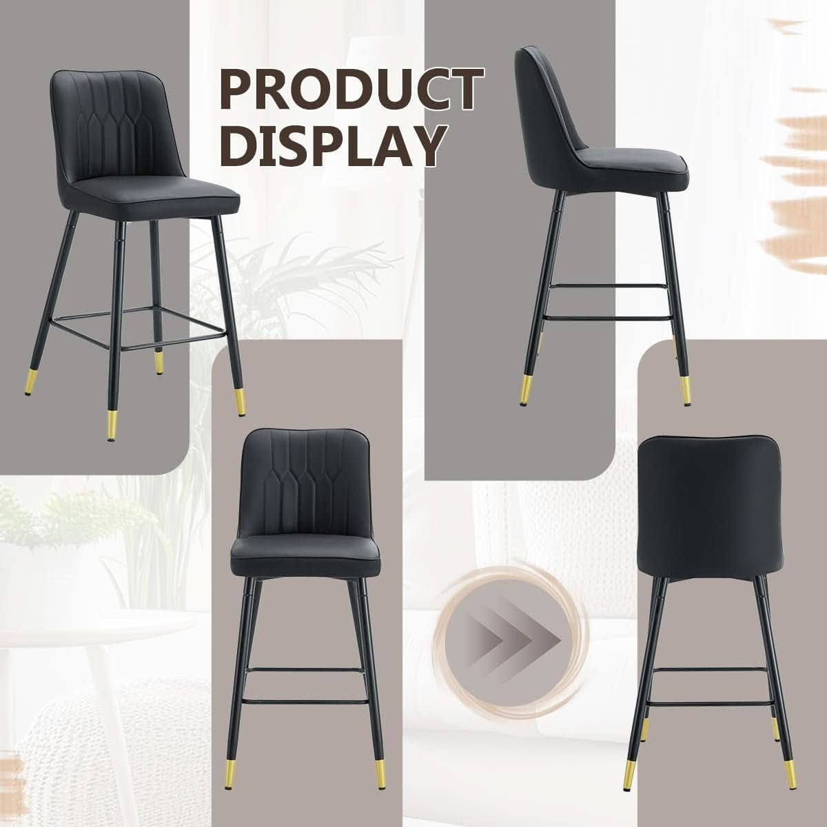 27 Inch Black Counter Height Bar Stool Set With Back Faux Leather