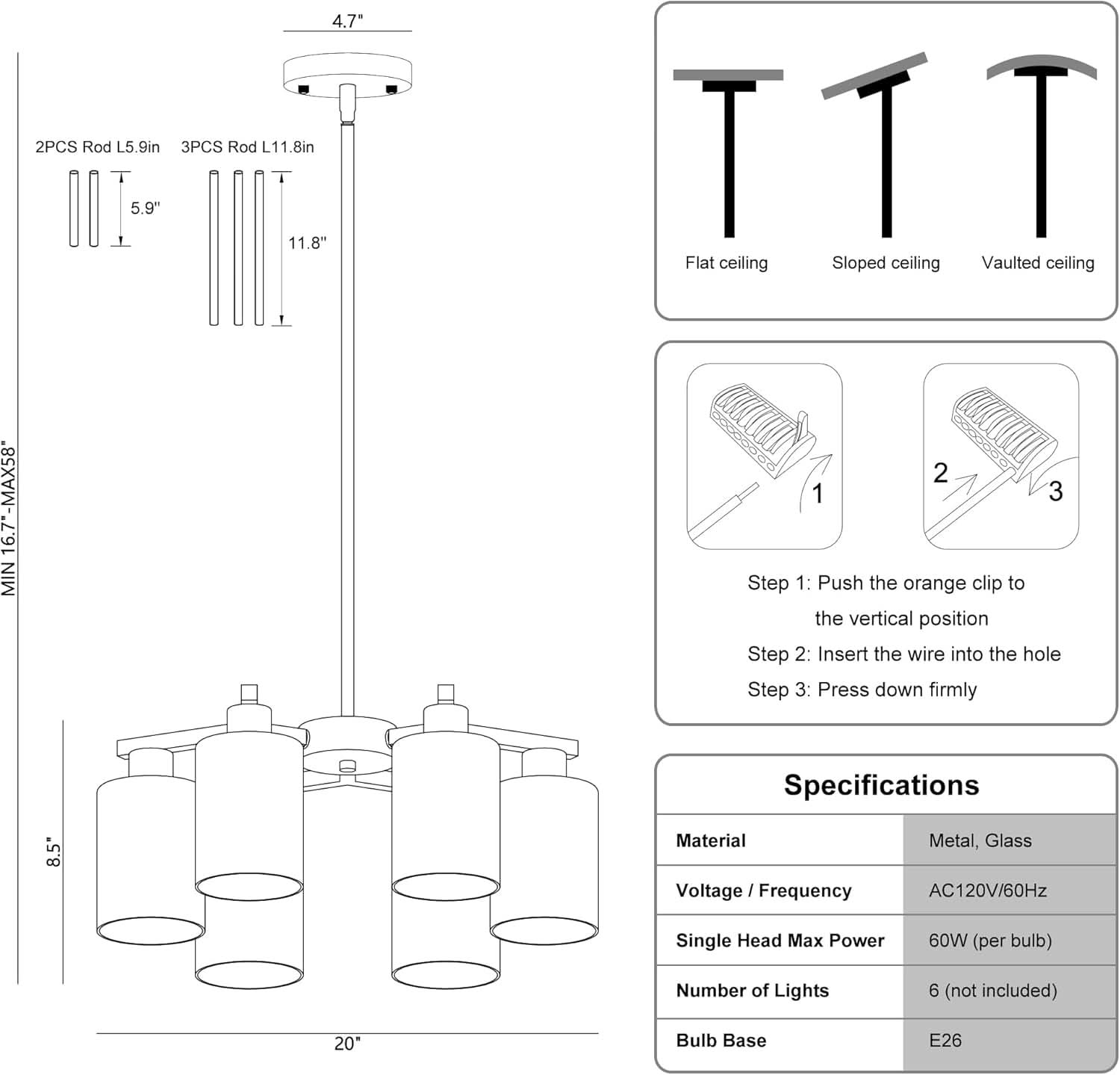 6 Light Farmhouse Brushed Nickel Pendant Chandelier