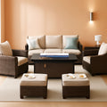 Brown Wicker Patio Furniture Set With Firepit Table 7 Seats