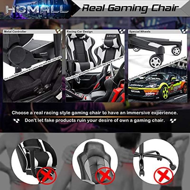 White Leather Ergonomic Gaming Chair With Lumbar Support