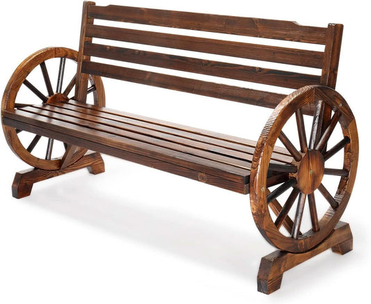 Rustic Wooden Garden Bench with Wagon Wheel Arms