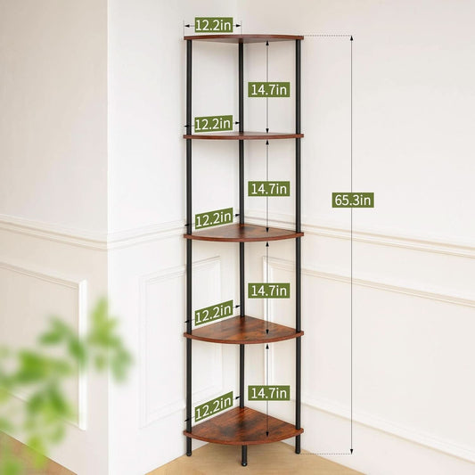 65 Inch Rustic Corner Shelf Stand 5 Tier Bookshelf