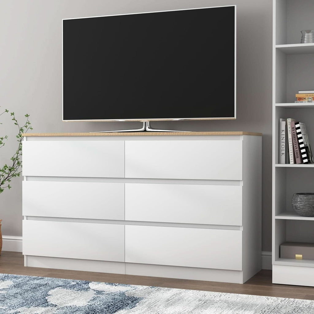 White Forty Seven Inch Six Drawer Dresser Wood Top