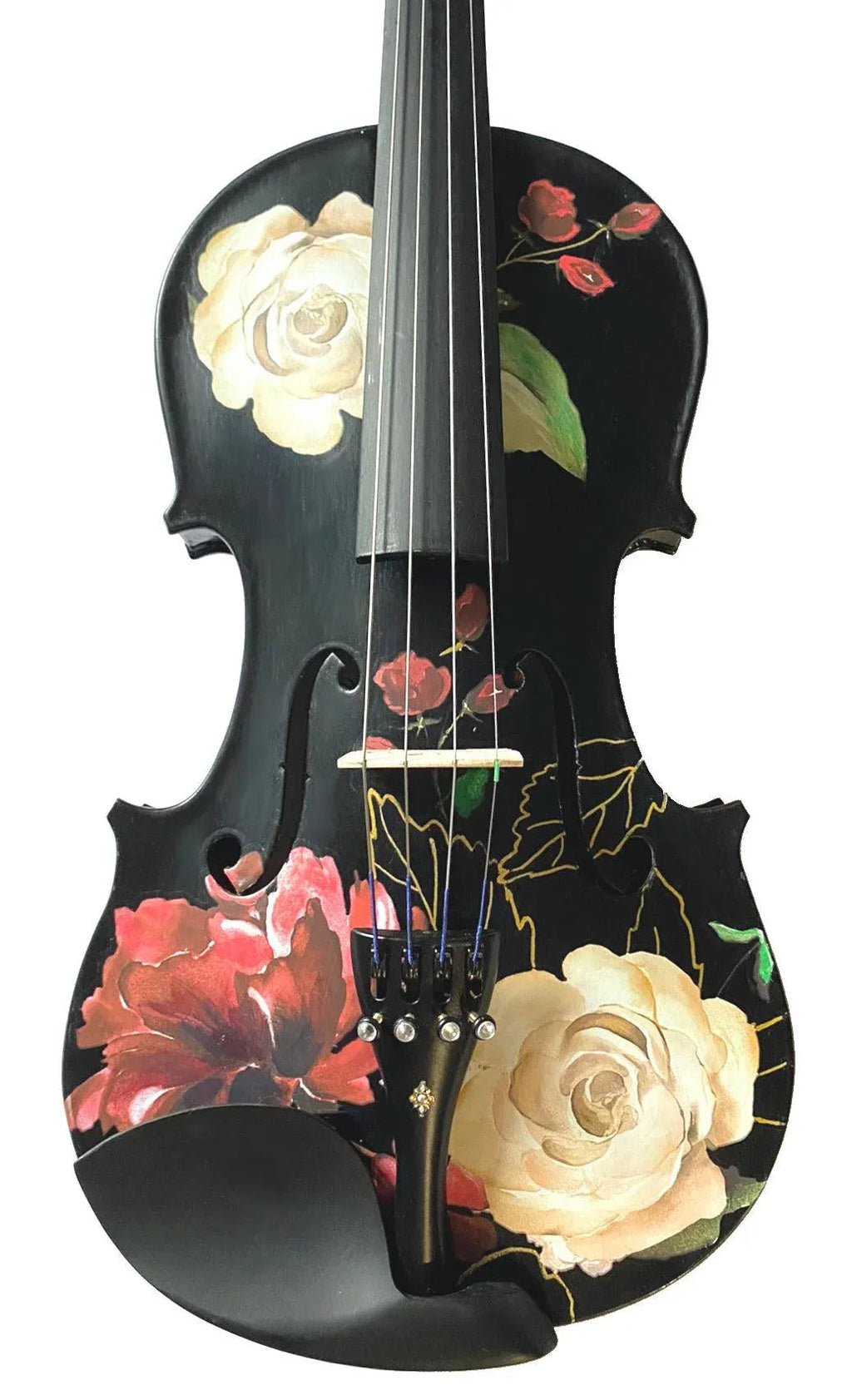 Rozanna's Rose Delight Black Violin Outfit | Black Violin with Red & White Roses, Pearl Fine Tuners & Bow