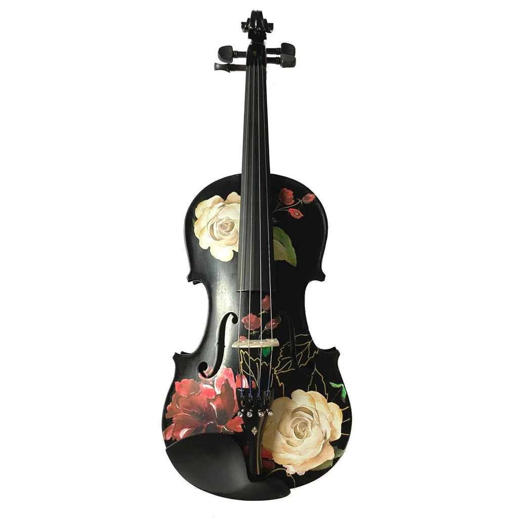 Rozanna's Rose Delight Black Violin Outfit | Black Violin with Red & White Roses, Pearl Fine Tuners & Bow
