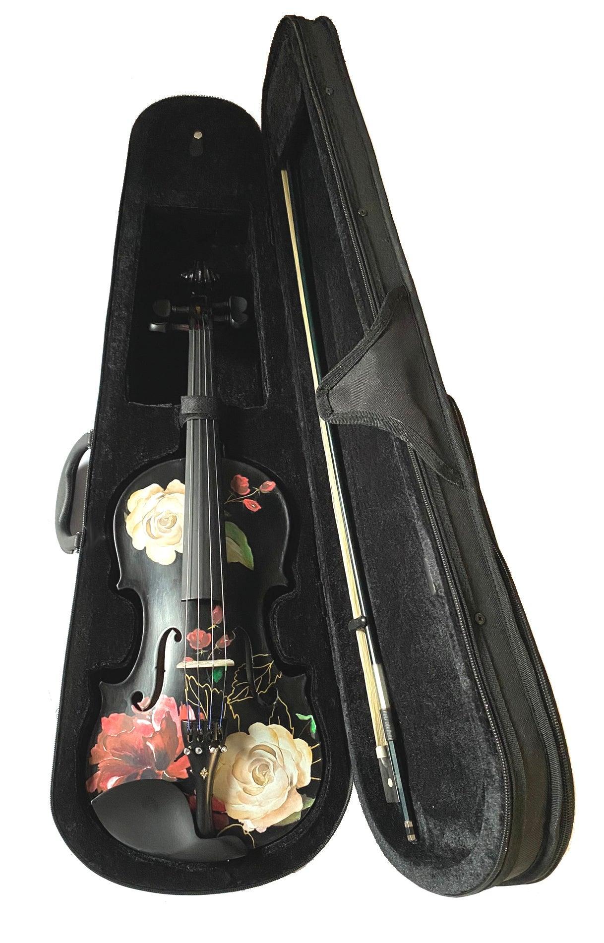 Rozanna's Rose Delight Black Violin Outfit | Black Violin with Red & White Roses, Pearl Fine Tuners & Bow