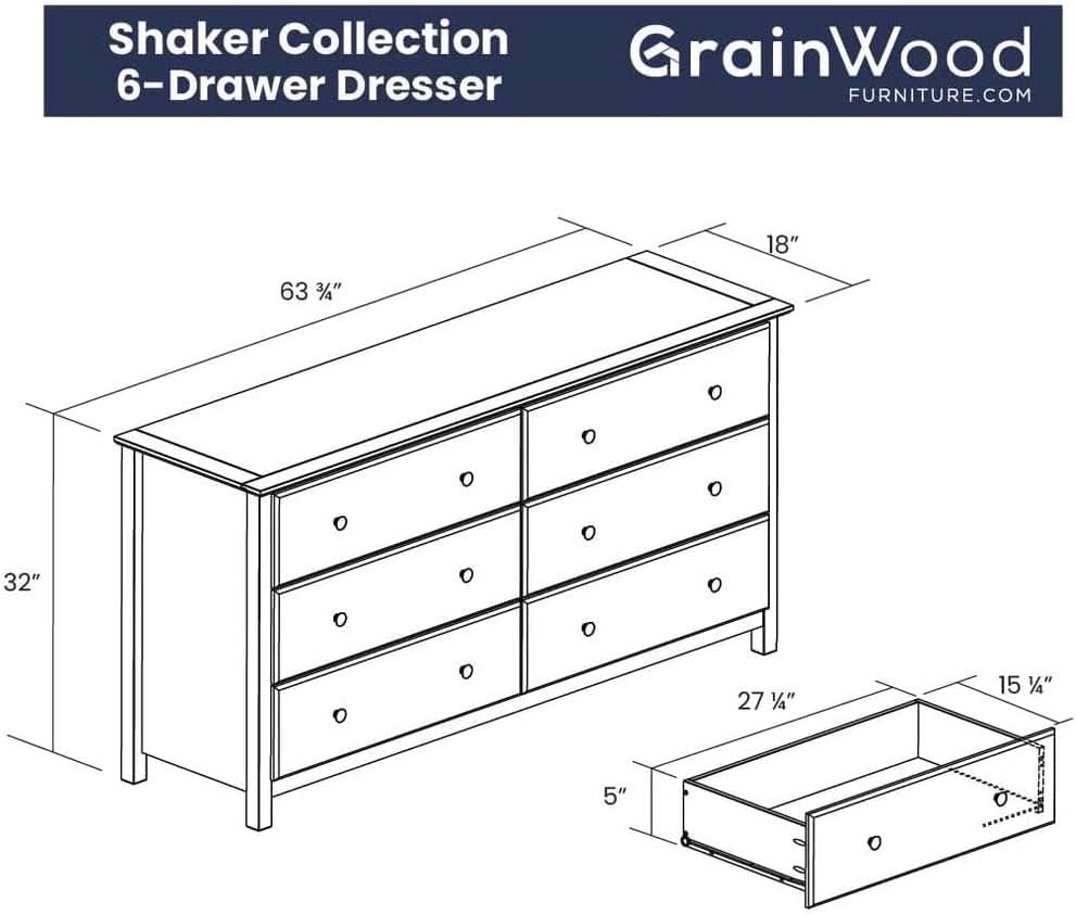 Shaker 6 Drawer Dresser Espresso Finish Solid Wood