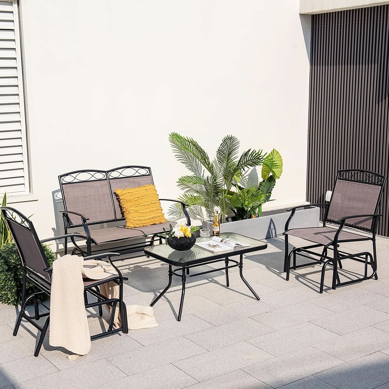 4 Piece Patio Glider Set With Gliding Loveseat Glass Table