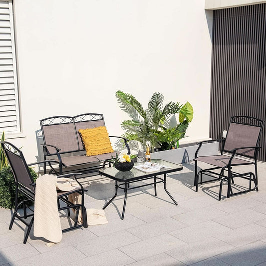 4 Piece Patio Glider Set With Gliding Loveseat Glass Table
