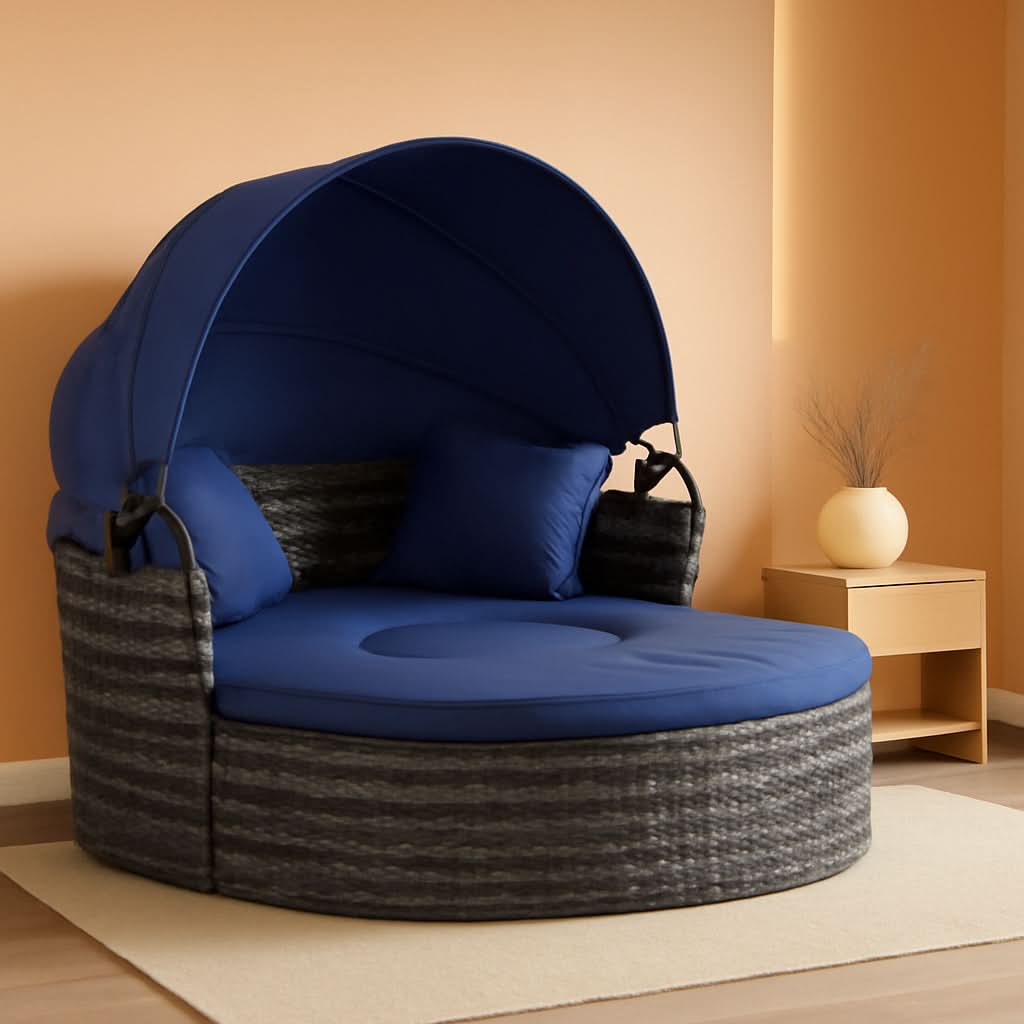 Round Convertible Daybed With Sun Canopy Outdoor Dark Blue