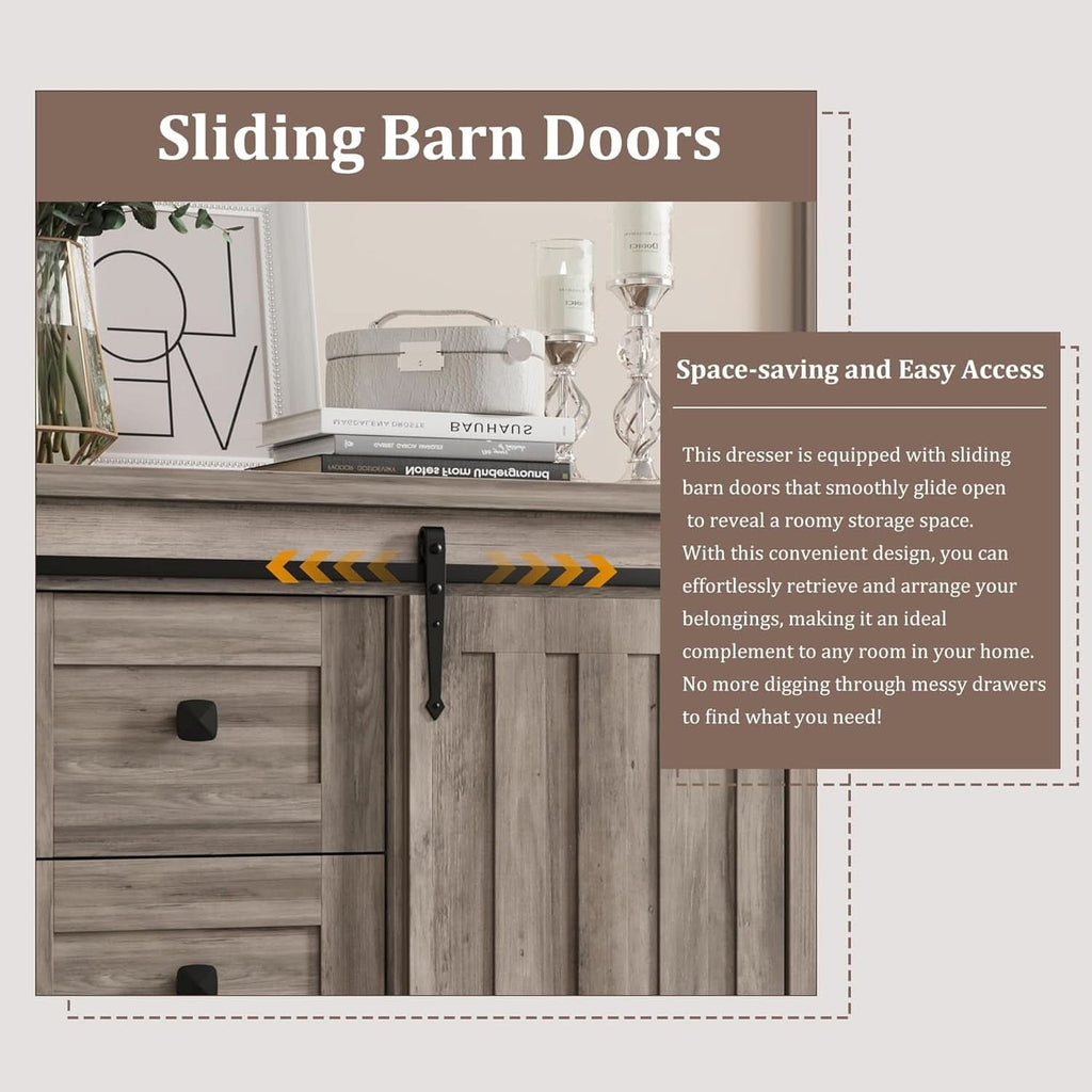 Grey Farmhouse Dresser 48 Inch Five Drawer Organizer With Barn Door