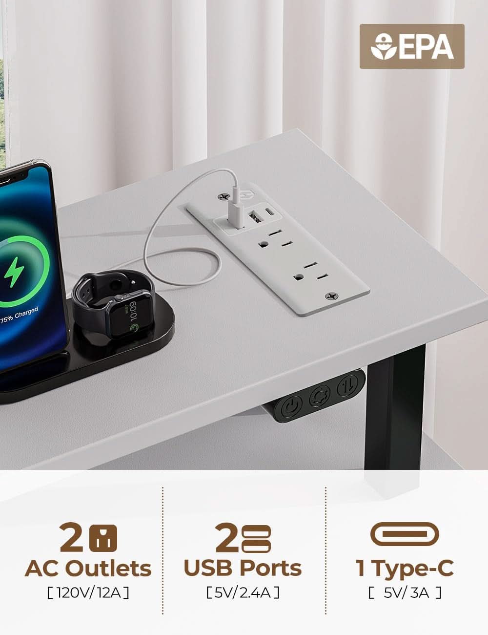 47 Inch White Computer Desk With Power Outlets And LED