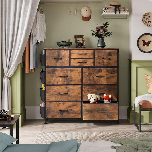 Dresser With 10 Drawers In Rustic Brown Wood Grain Finish