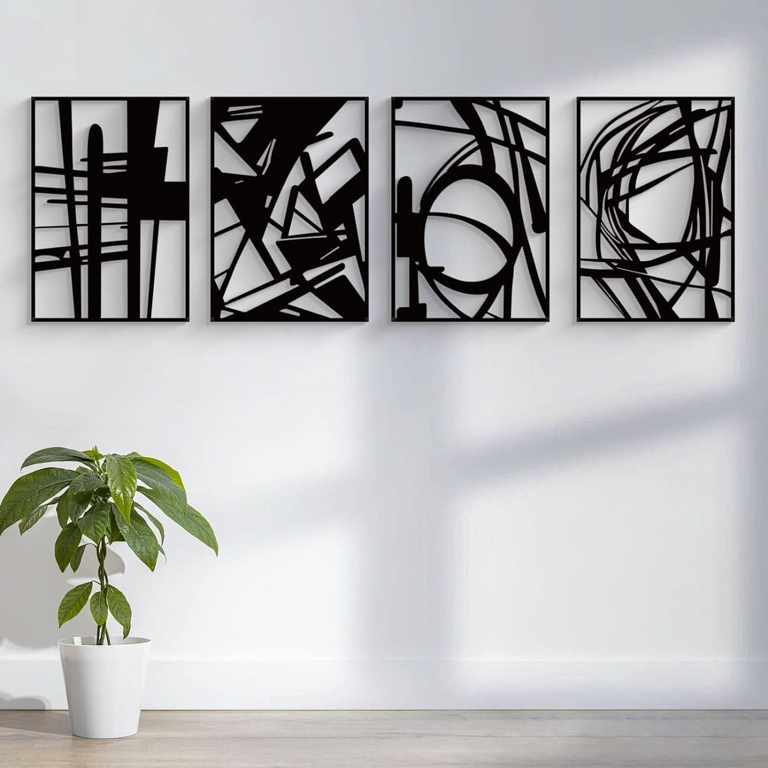 Black Abstract Metal Wall Art 4 Pack Minimalist 3D