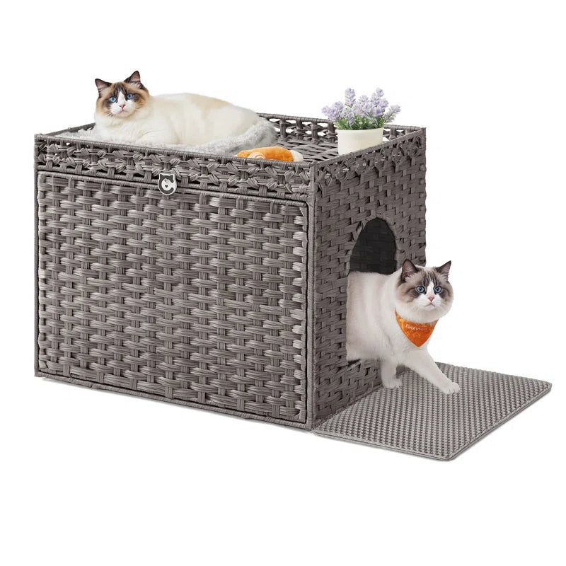 Boho Handwoven Rattan Hidden Litter Box Furniture — Washable Tray & Litter Mat Included