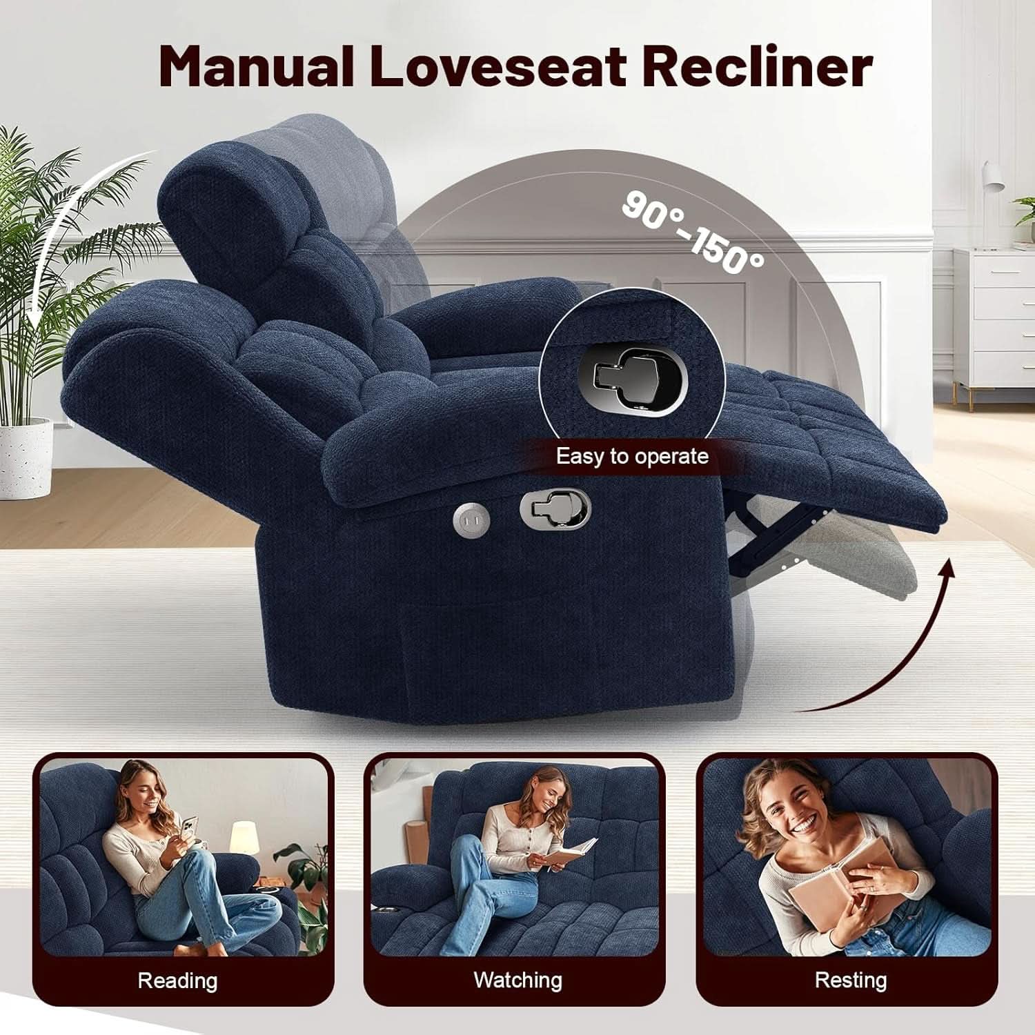 Blue Fabric Reclining Loveseat With USB Ports For Living Room