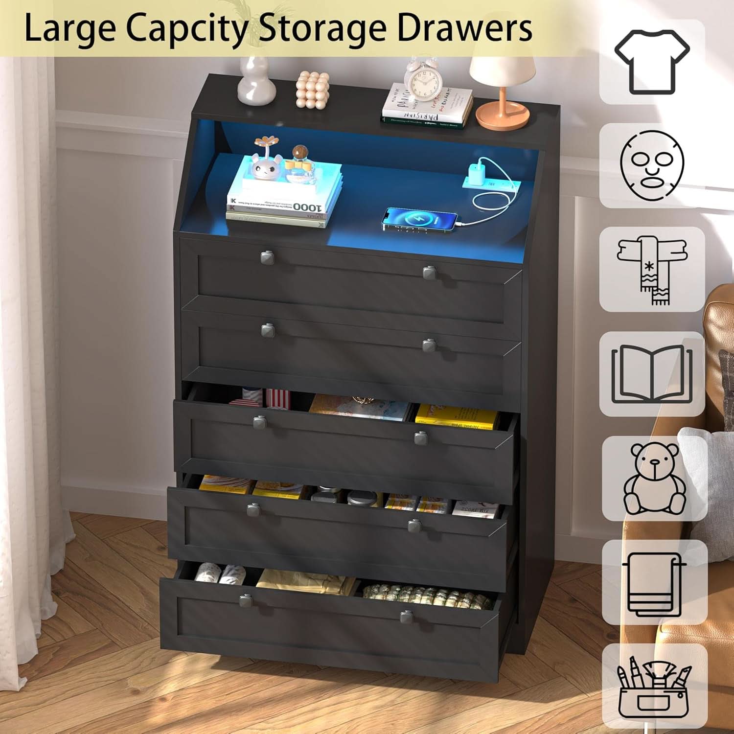 Tall Black Dresser With Customizable RGB Illumination