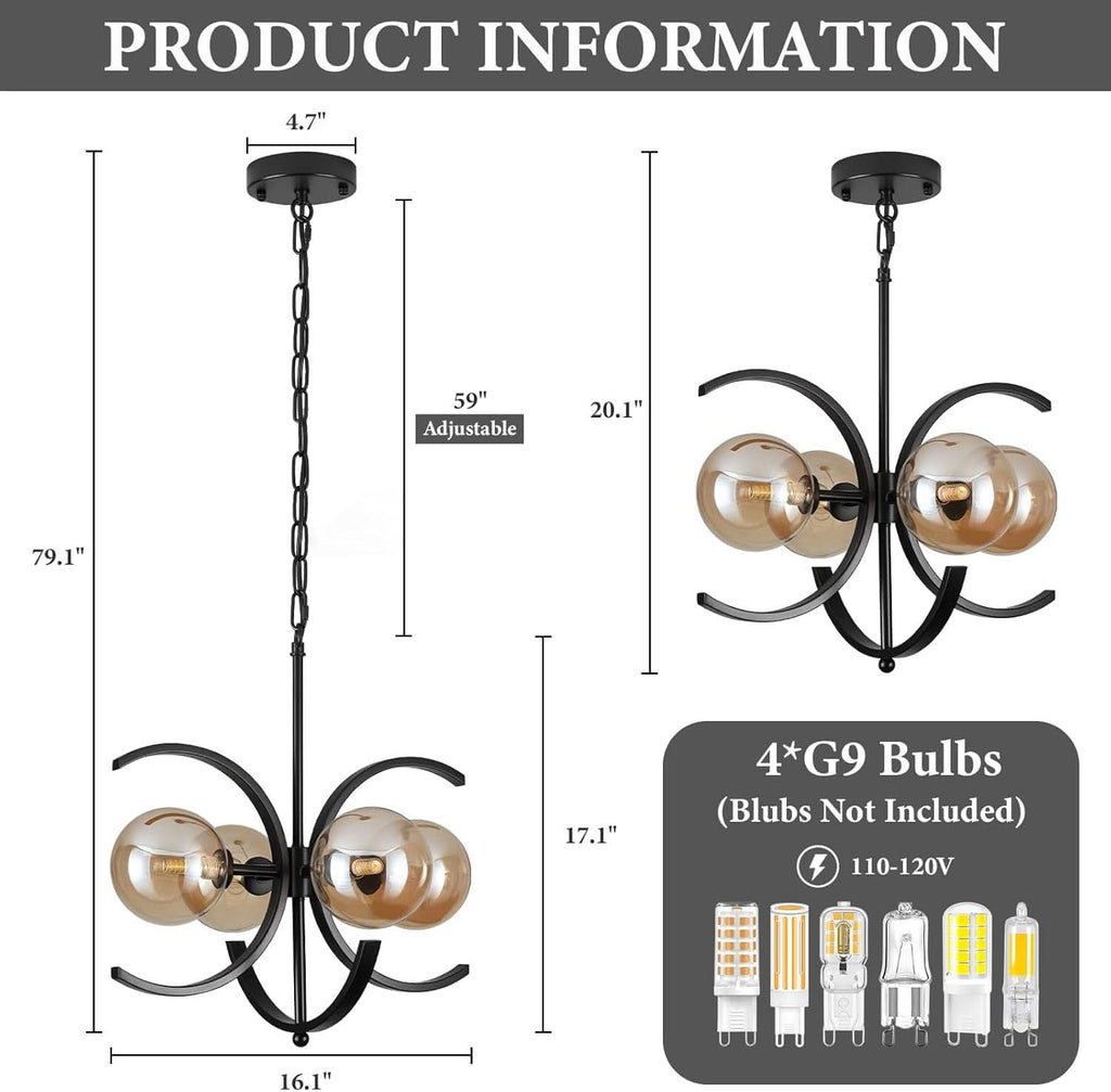 Black Sputnik Chandelier 4 Light Amber Glass Globes