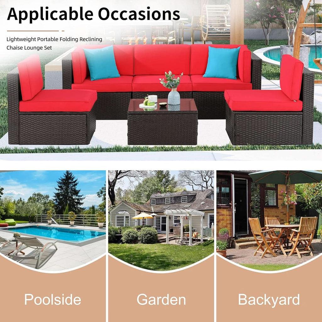 6 Piece All Weather Red Cushions Outdoor Patio Wicker Sofa Set
