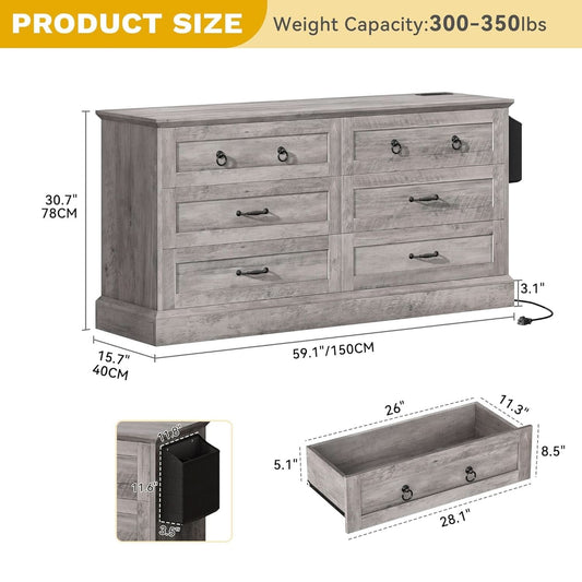 Grey Farmhouse 6 Drawer Dresser 59 Inch Wide With Air Purifier