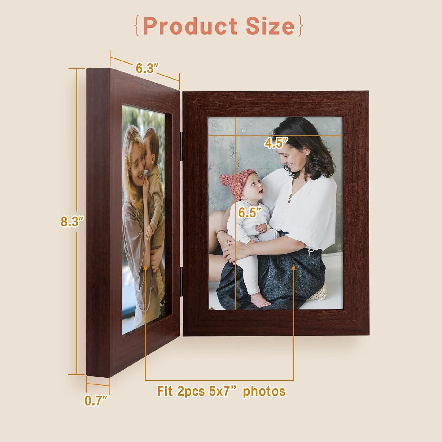 , 5X7 Double Picture Frame Vertical Hinged Photo Frame 2 Opening Folding Family Frames Collage, with Real Glass (5X7, Brown, 2-Pack)