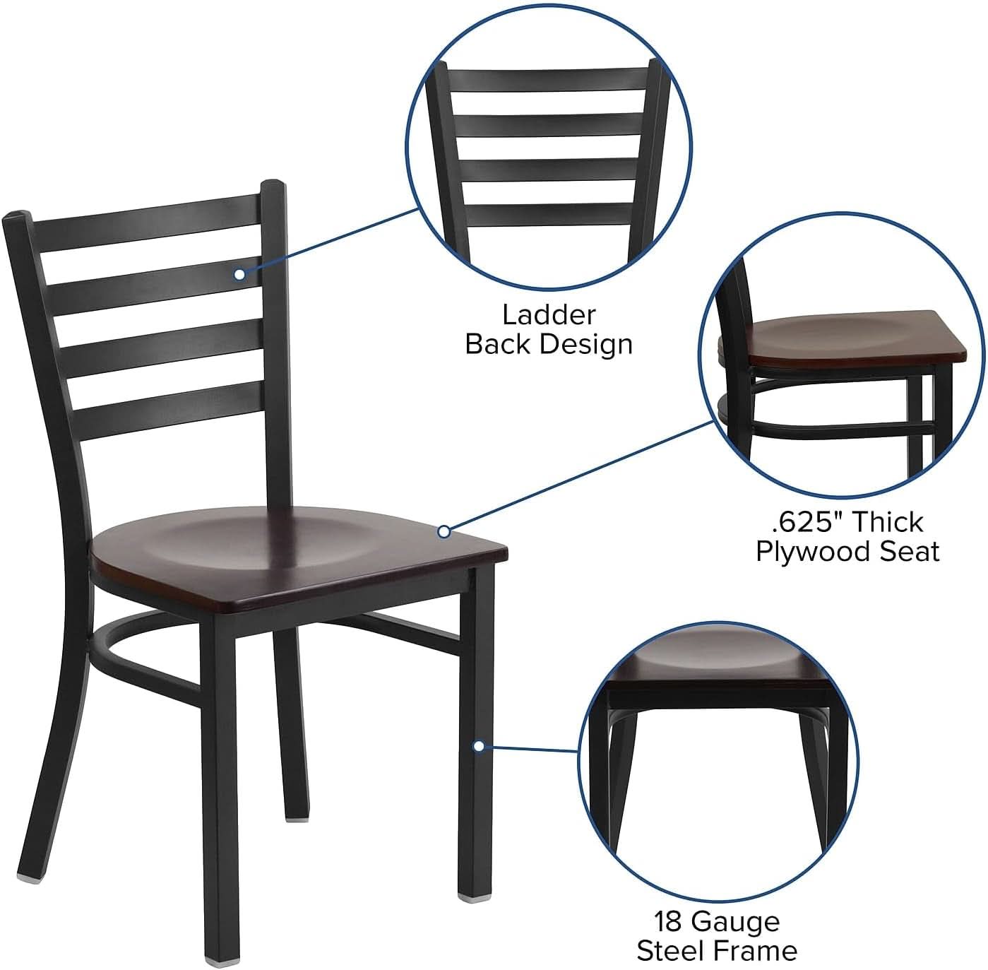 2 Pack Hercules Series Black Ladder Back Metal Dining Chair With Mahogany Seat For Restaurants