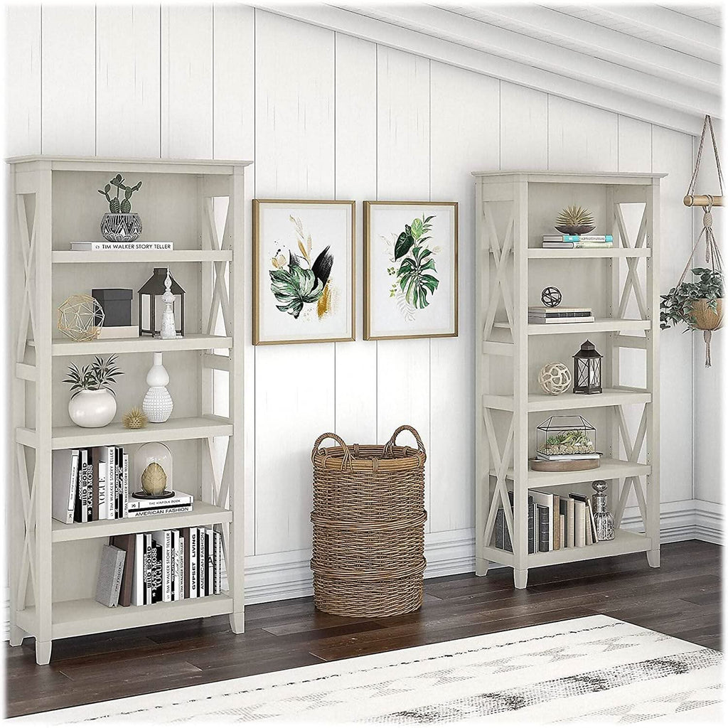 Linen White Oak 5 Shelf Bookcase Set 2 Tall 66H 32W 13D