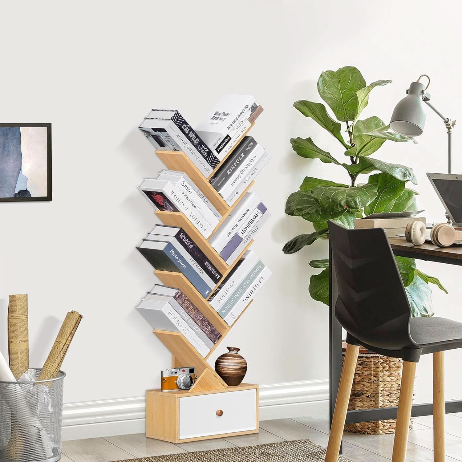 8 Tier Tree Bookshelf With Drawer Natural Wood Bookcase