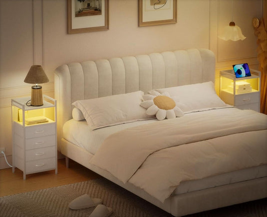 White Nightstand With Charging Station And RGB LED Lighting