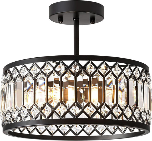 Crystal Black Three Light Semi Flush Mount Ceiling Light