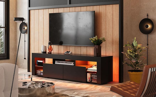 63 Inch Black LED TV Stand With 2 Drawers For Living Room