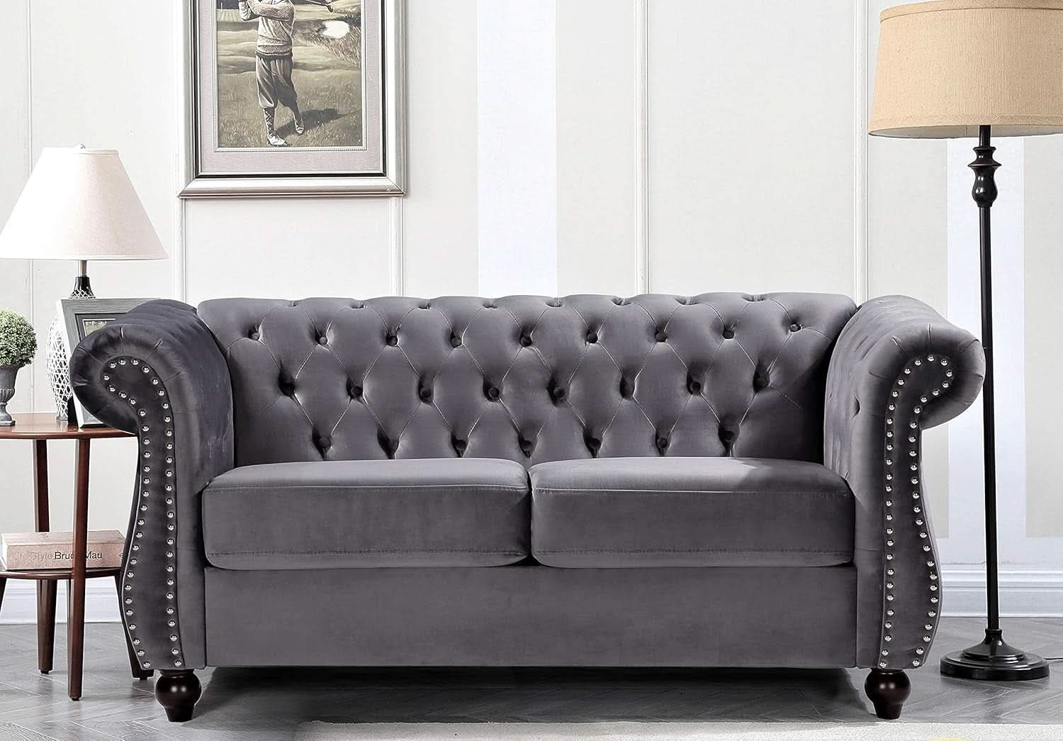 Modern Pink Velvet Chesterfield Loveseat With Tufted Back