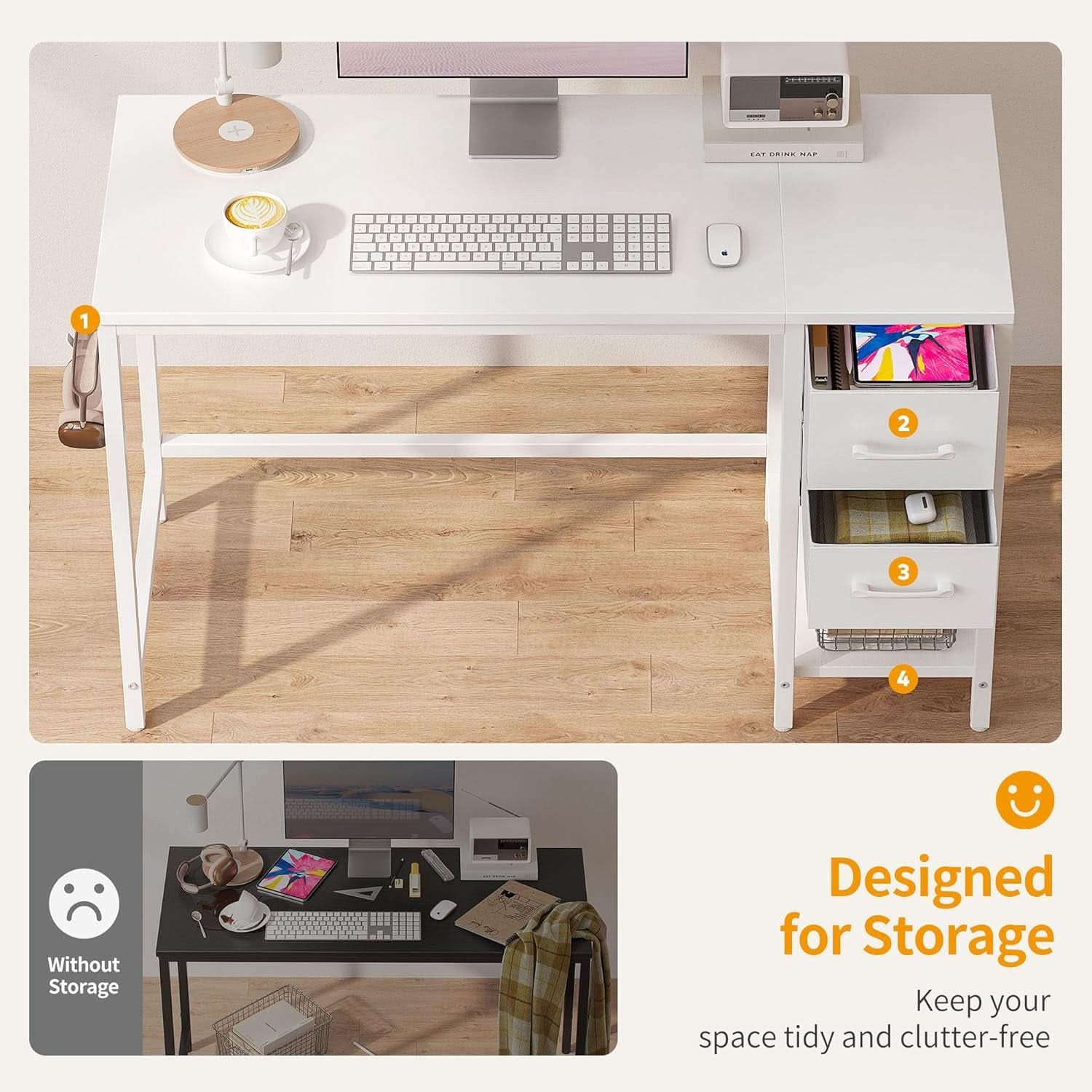 47 Inch White Ergonomic Executive Desk With Drawers