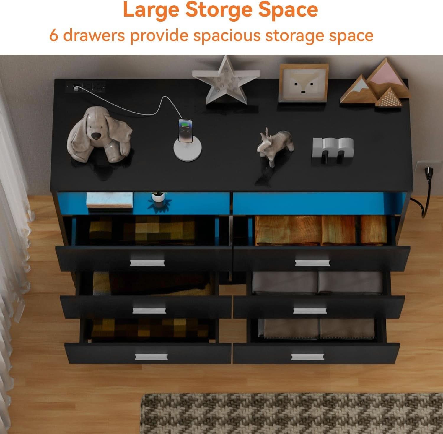 Black Dresser With Power Outlets And LED Lights 6 Drawers