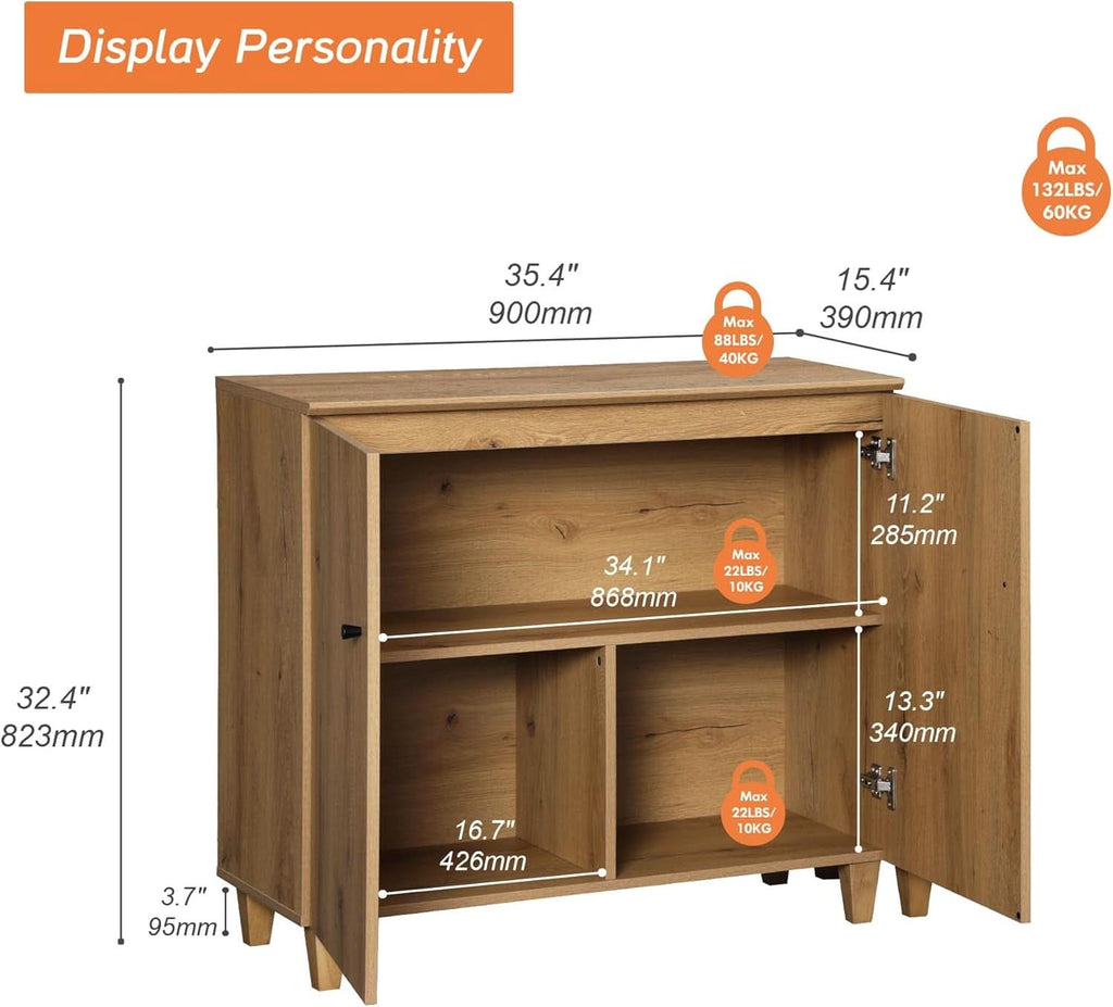Oak Brown 35-Inch Wide Sideboard Buffet Storage Cabinet