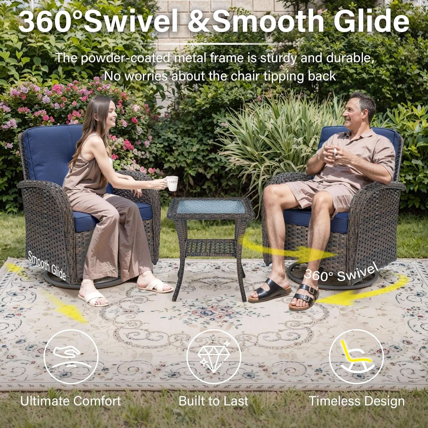 Patio Wicker Swivel Rocker Chairs Set Of 2 With Glass Top Side Table Brown Blue