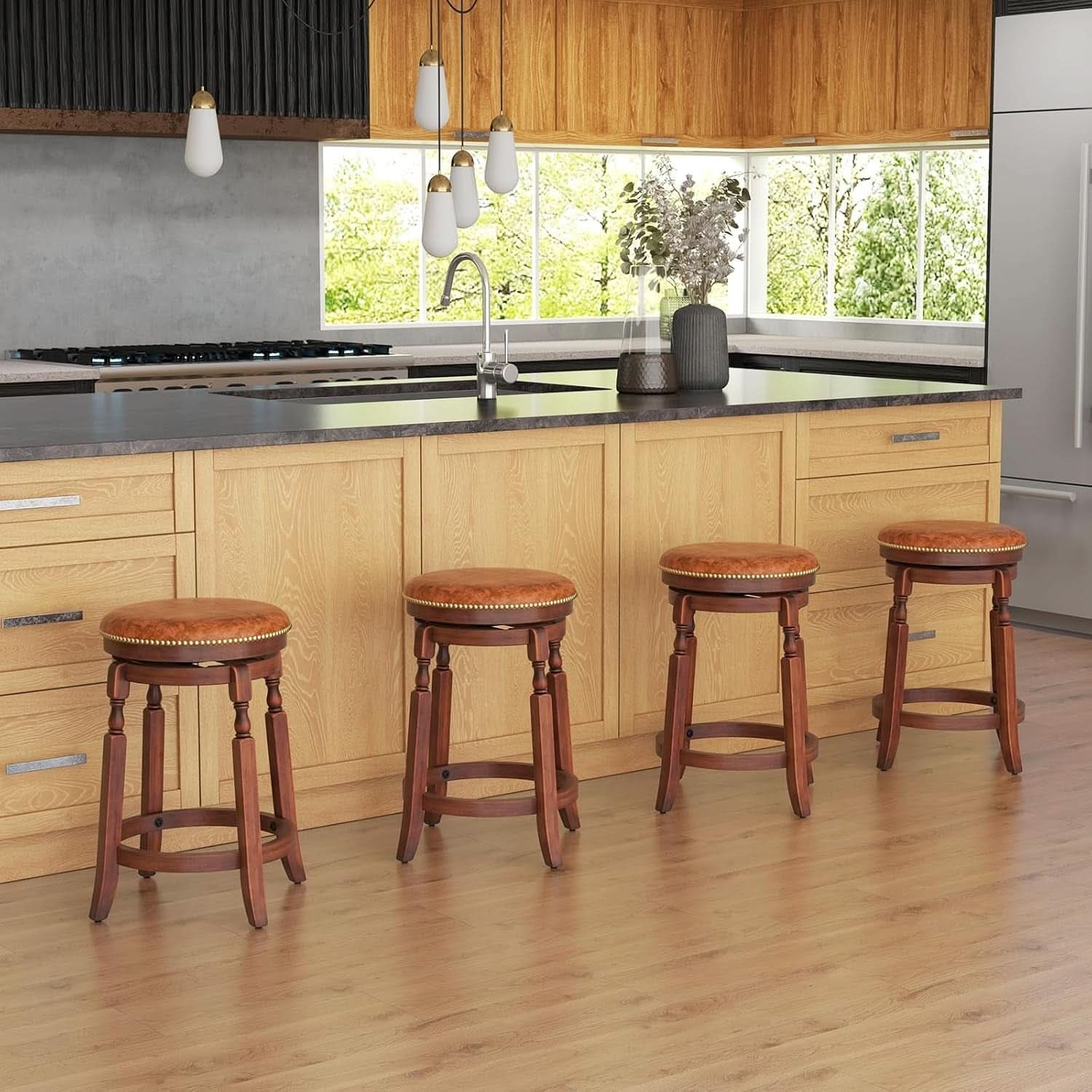 24 Inch Swivel Bar Stool Set Of 2 With Upholstered Seat And Rubber Wood Frame For Kitchen Island