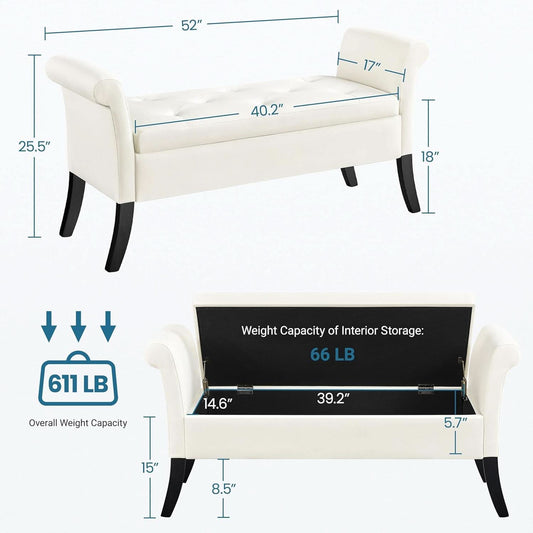 Fifty TwoInches Durable White Upholstered Storage Ottoman Bench