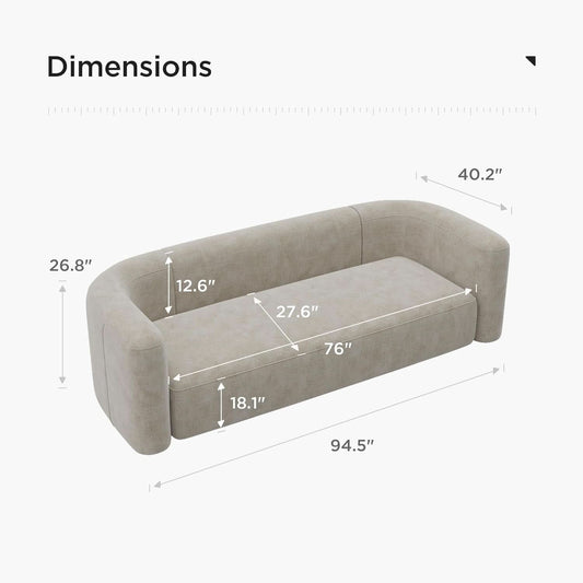 Cream Velvet 3 Seater Modern Sofa With Curved Backrest
