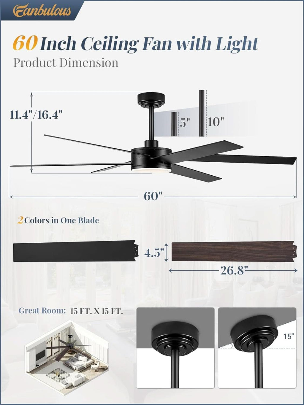 60 Inch Black Ceiling Fan With Lights Remote DC Motor