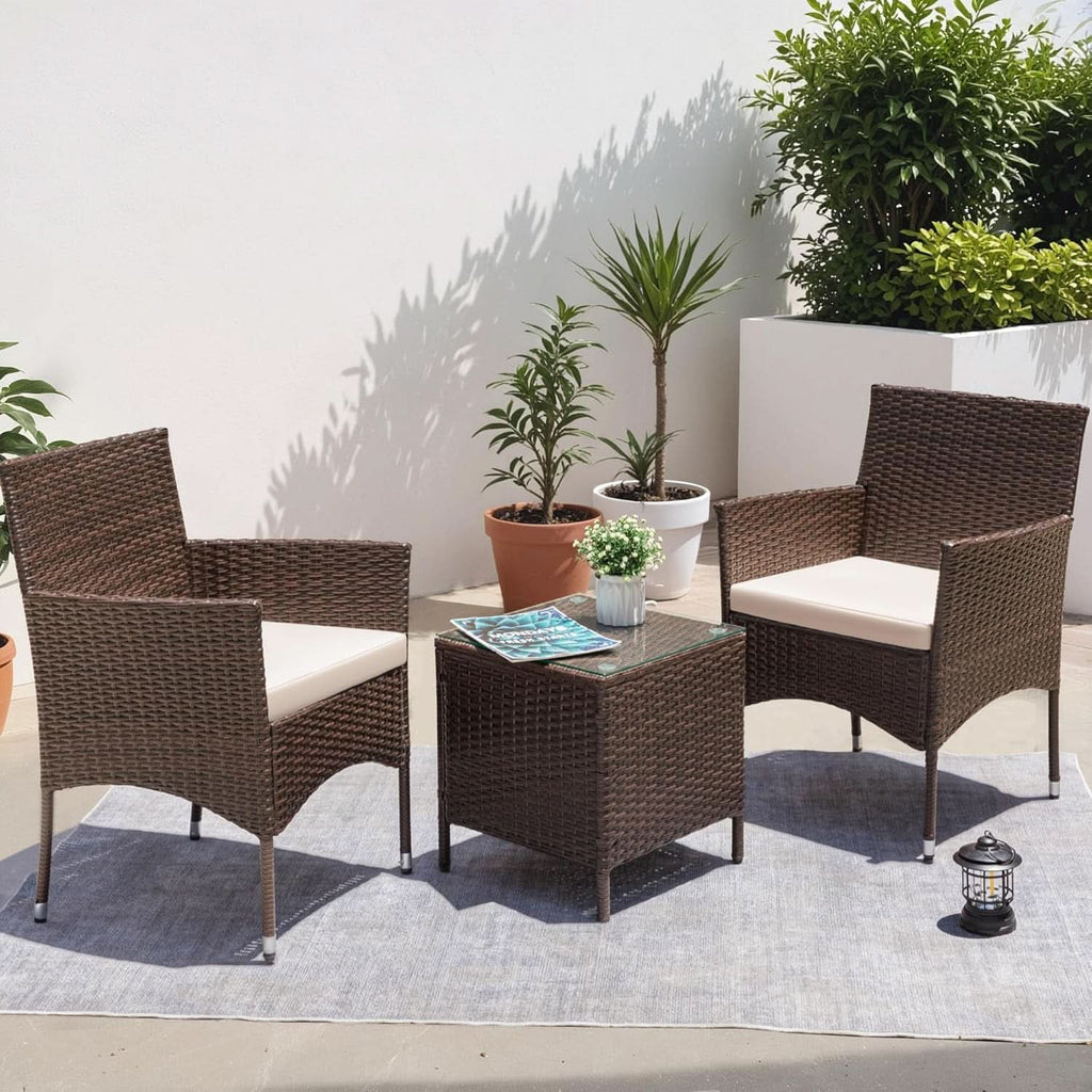 3 Piece Patio Dining PE Rattan Wicker Chair Set With Cushions And Glass Coffee Table Outdoor Brown Beige