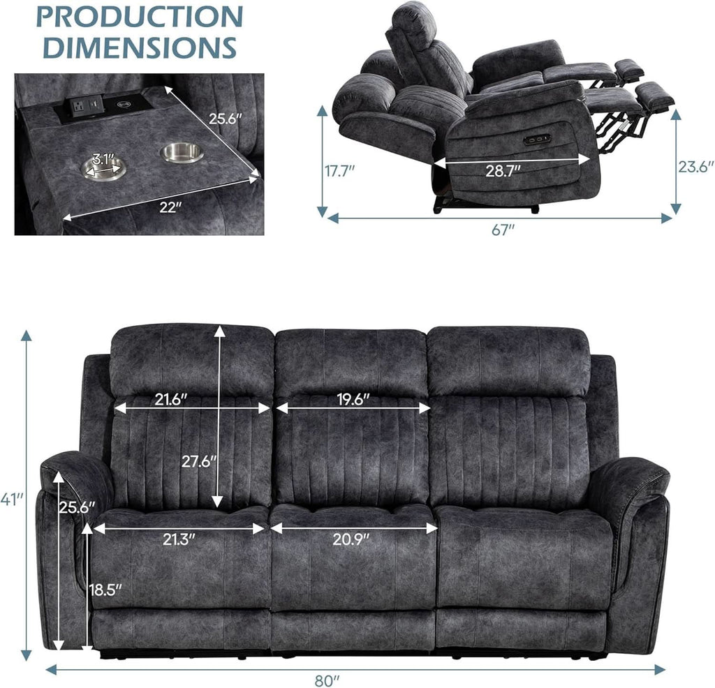Grey Power Reclining Sofa With Zero Gravity USB Ports